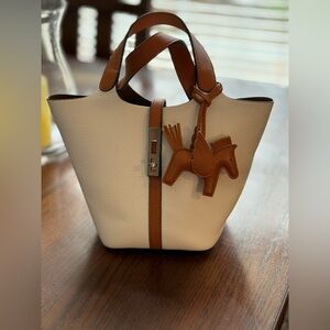 Elegant White and Tan Leather Tote Bag